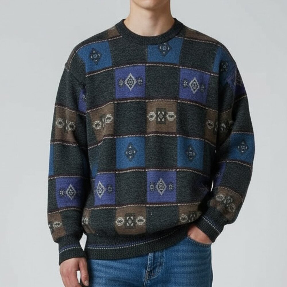 Vintage Aramrata Wool Check Sweater Sz L 90's Luxury Eclectic Grandpa Cosby Edgy